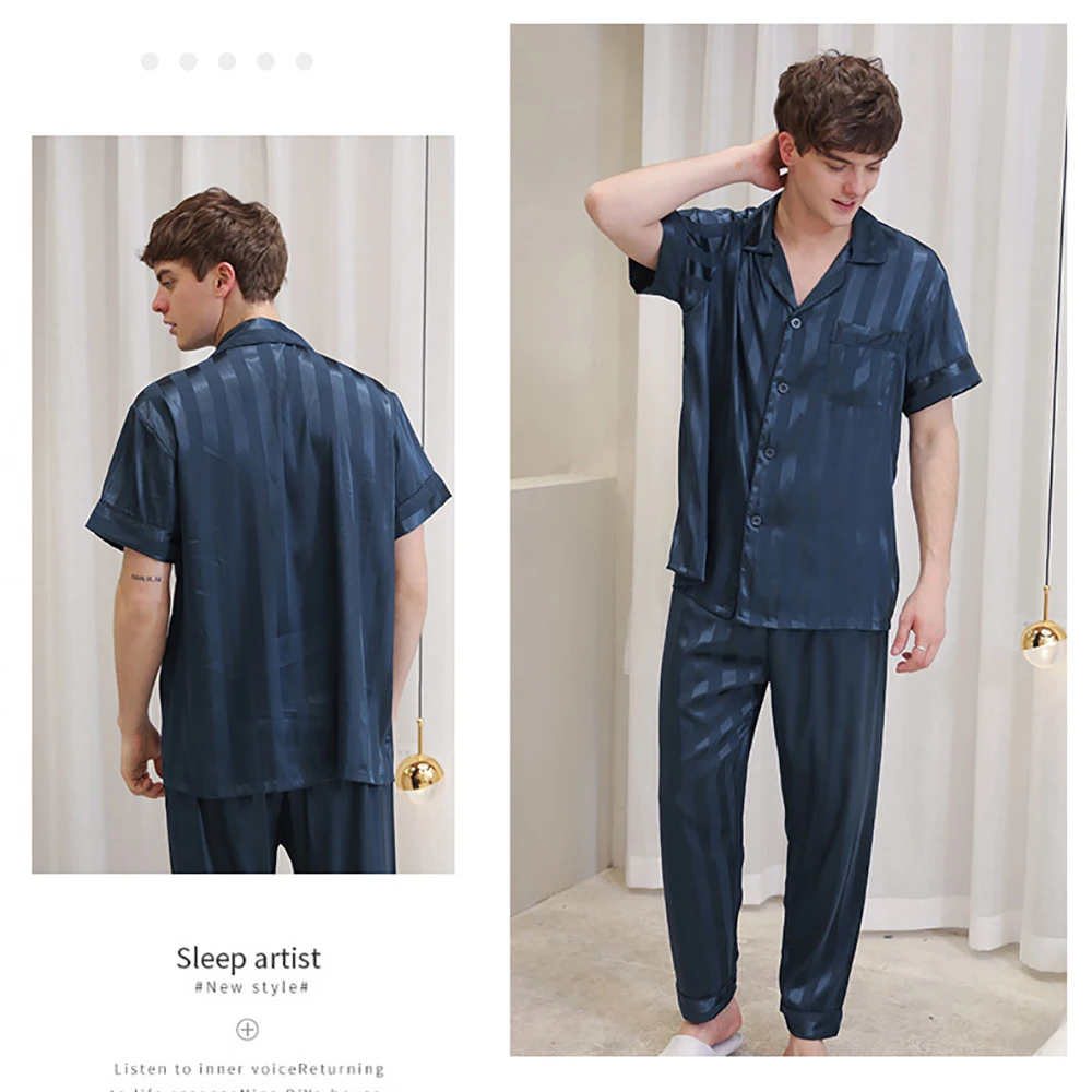 Ice Silk Pajamas For Men Spring Summer Pyjamas Thin Breathable Lounge Set Simple Style Striped Elastic Waist pyjama pour femme