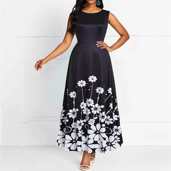 

Elegant Dress Women 2020 Summer A line Black Floral Print Round Neck Sleeveless For Evening Night Club Dinner Vestidos Dress Hot