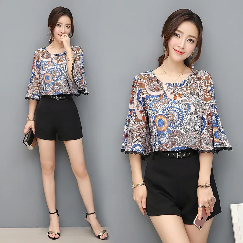 

2017 Summer New Style Korean-style Slim Fit Printed Chiffon Tops-Style Set Elegant Shorts Two-Piece Women's