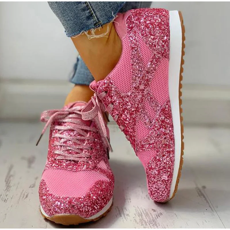 Casual Sneakers Women Flat Glitter Bling Vulcanized Shoes Female Mesh Lace Up Platform Comfort Plus Size Fashion Ladies Spring