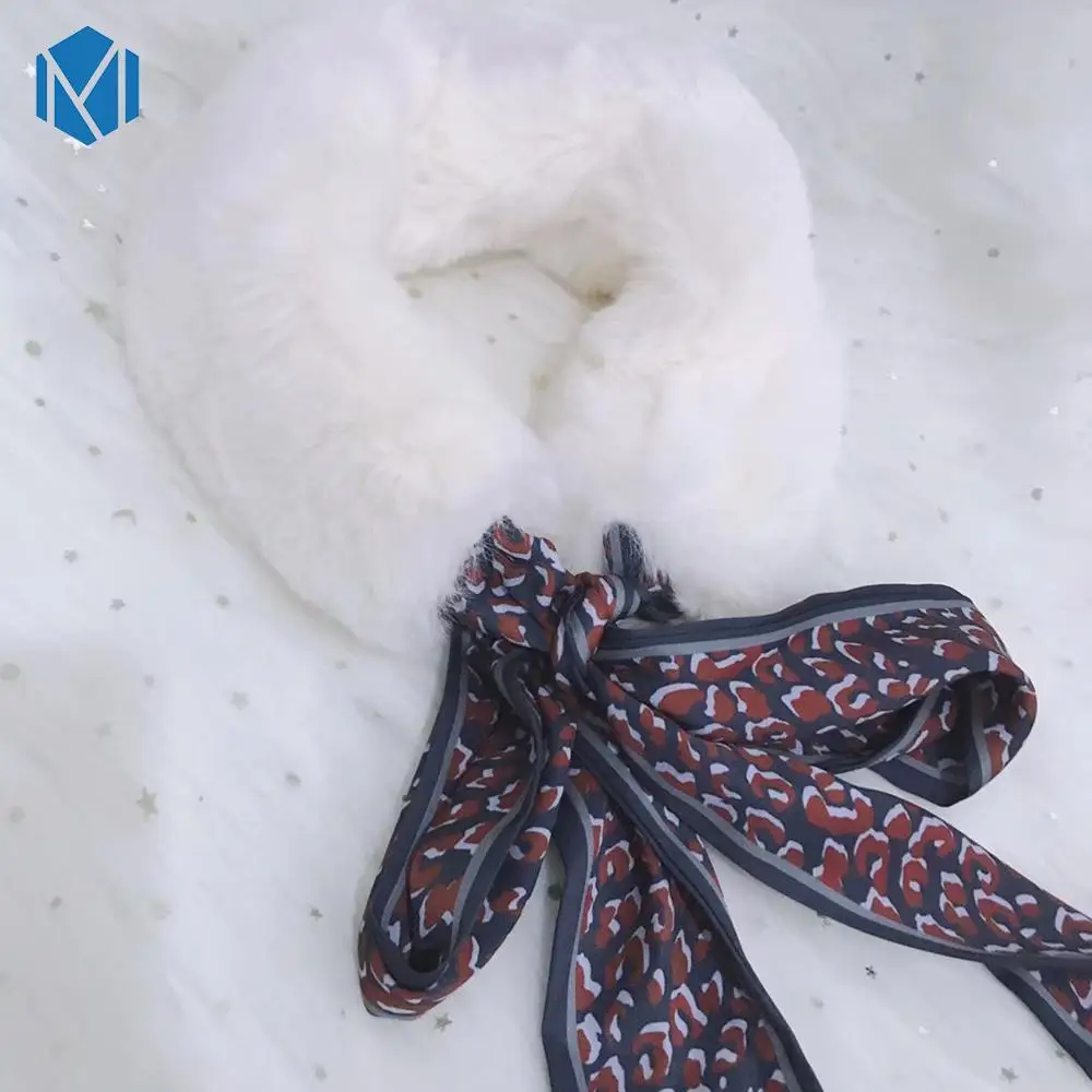 Женский зимний плотный плюшевый шарф из искусственного кроличьего меха для женщин/девочек, Одноцветный воротник, шаль, теплая шаль, модная шаль - Цвет: White Bow Scarf