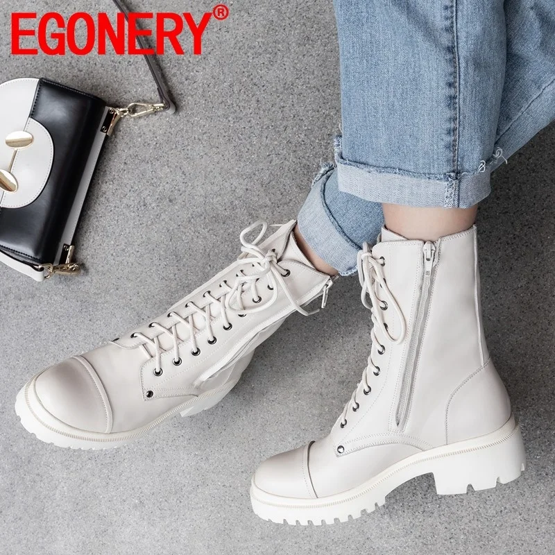 

EGONERY autumn new casual mid calf boots outside mid heels platform round toe genuine leather sneakers women shoes drop shipping