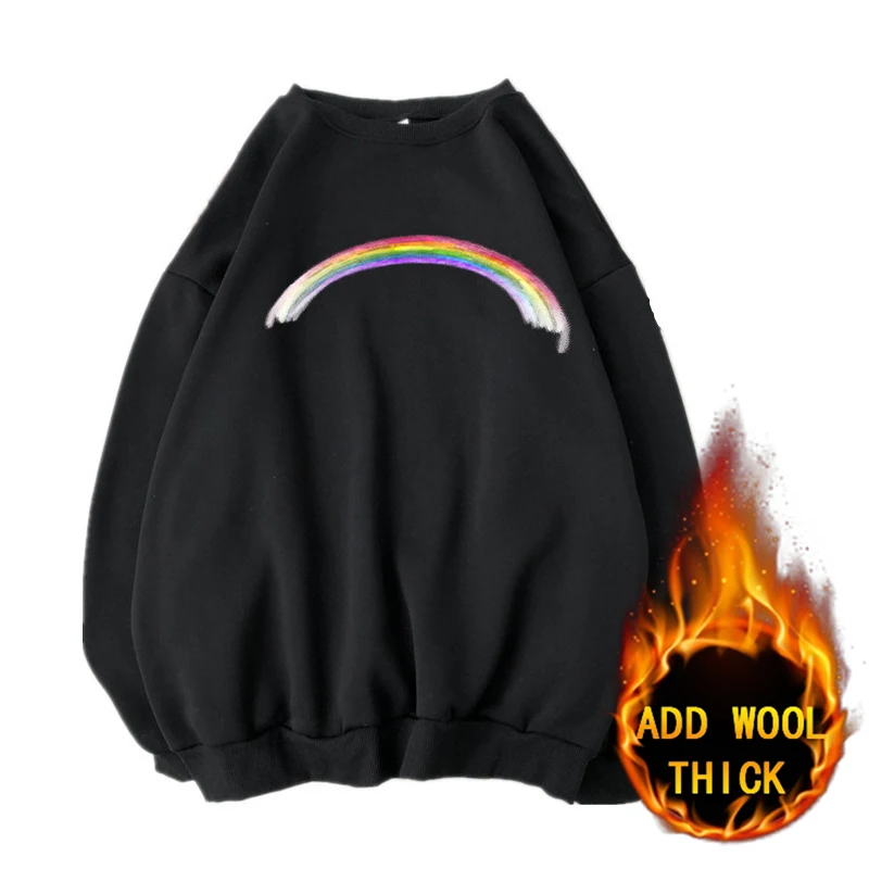 

New Winter Sweatshirts Plush Harajuku Minimalist Solid Color Design Style Pullover with Warmth Loose Fit Print [rainbow Pattern]