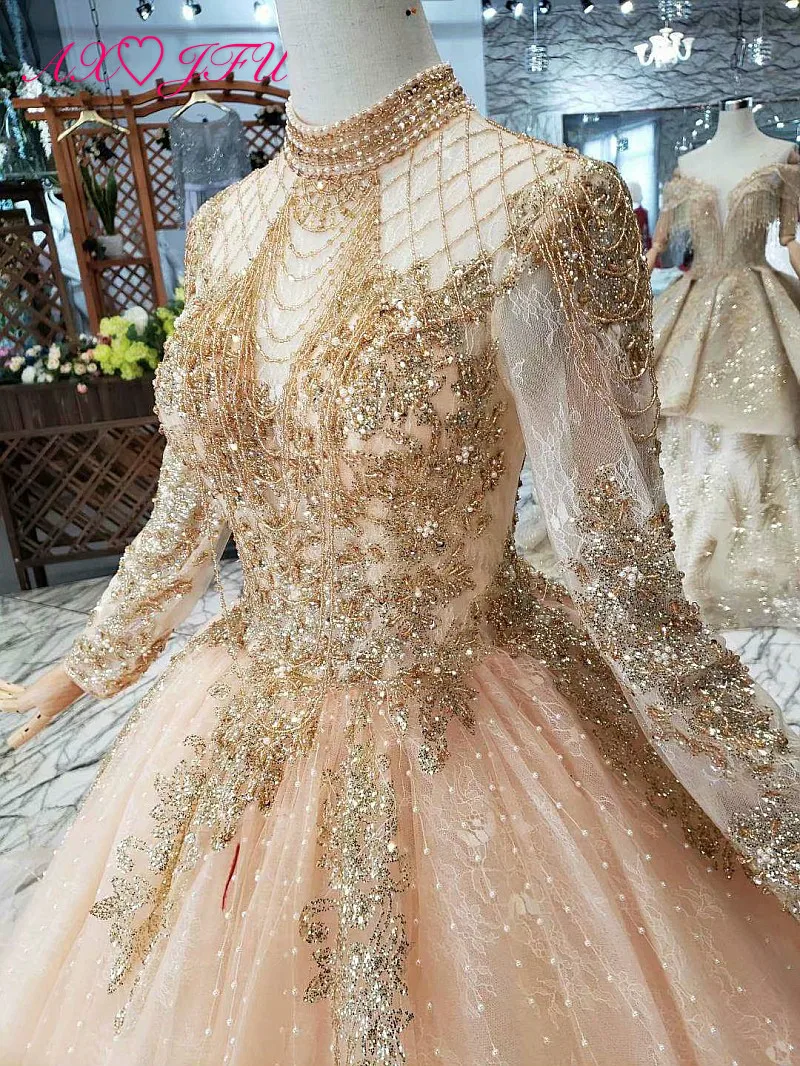 AXJFU Роскошная принцесса Золотой кружевной закрытый ворот Бисероплетение Кристалл Иллюзия с длинными рукавами блестящее свадебное платье