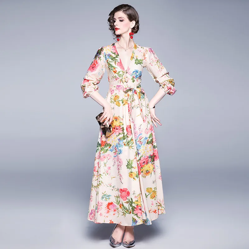 

2019 Women's Floral-Print Dress High-End Elegant Single Breasted V-neck Sexy Printed Ultra Large Pendulum Long Skirts Europe And