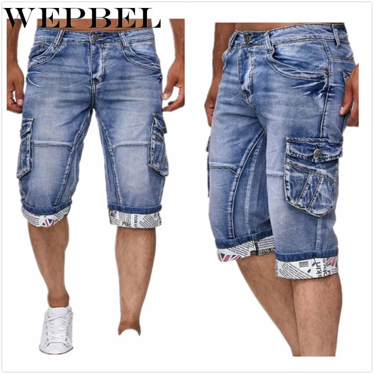 

WEPBEL Men's Casual Mid-Waist Button Straight Jeans Autumn Fashion Pocket Stitching Letter Printed Knee Length Jeans