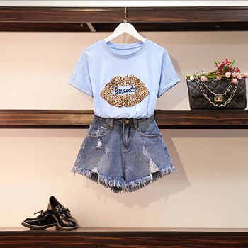 

2020 Summer New Print Short Sleeve T-shirt Hole Jeans Shorts Women Casual 2 Piece Set