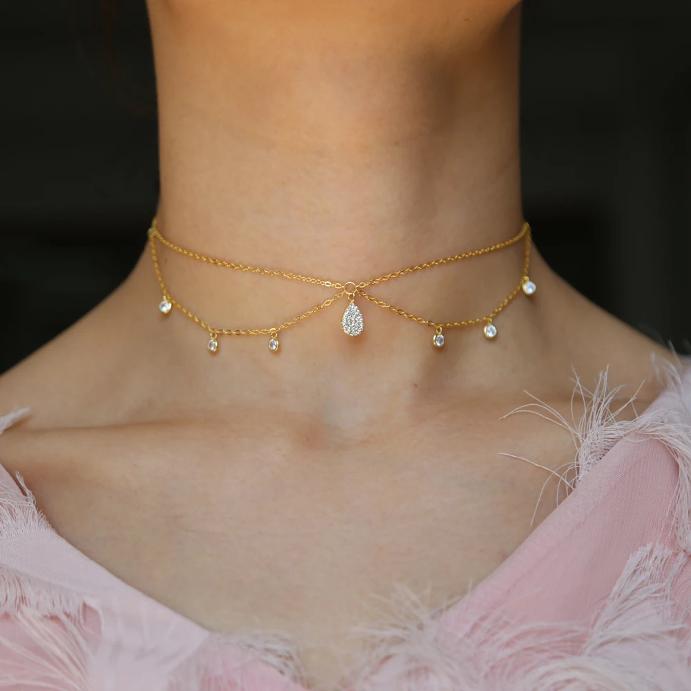 elegant women summer charm choker chain double layer tassel cz 925 sterling silver 33+7 chocker charming necklace jewelry | Украшения и