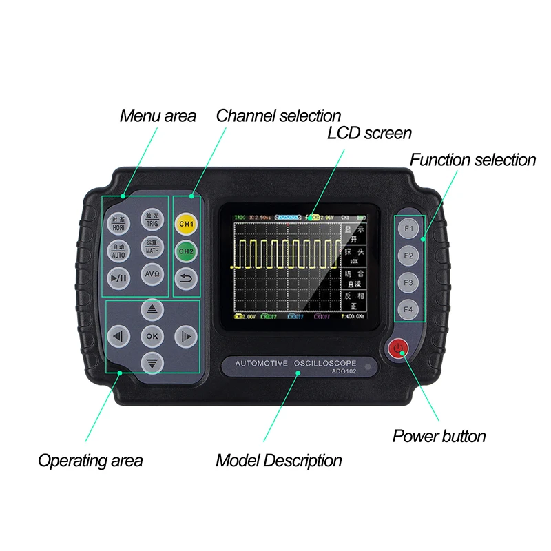10MHz Multimeter Automotive Oscilloscope 2 Channels 100MSa/s Portable Digital Oscilloscope Mini Oscilloscope USB Data Storage