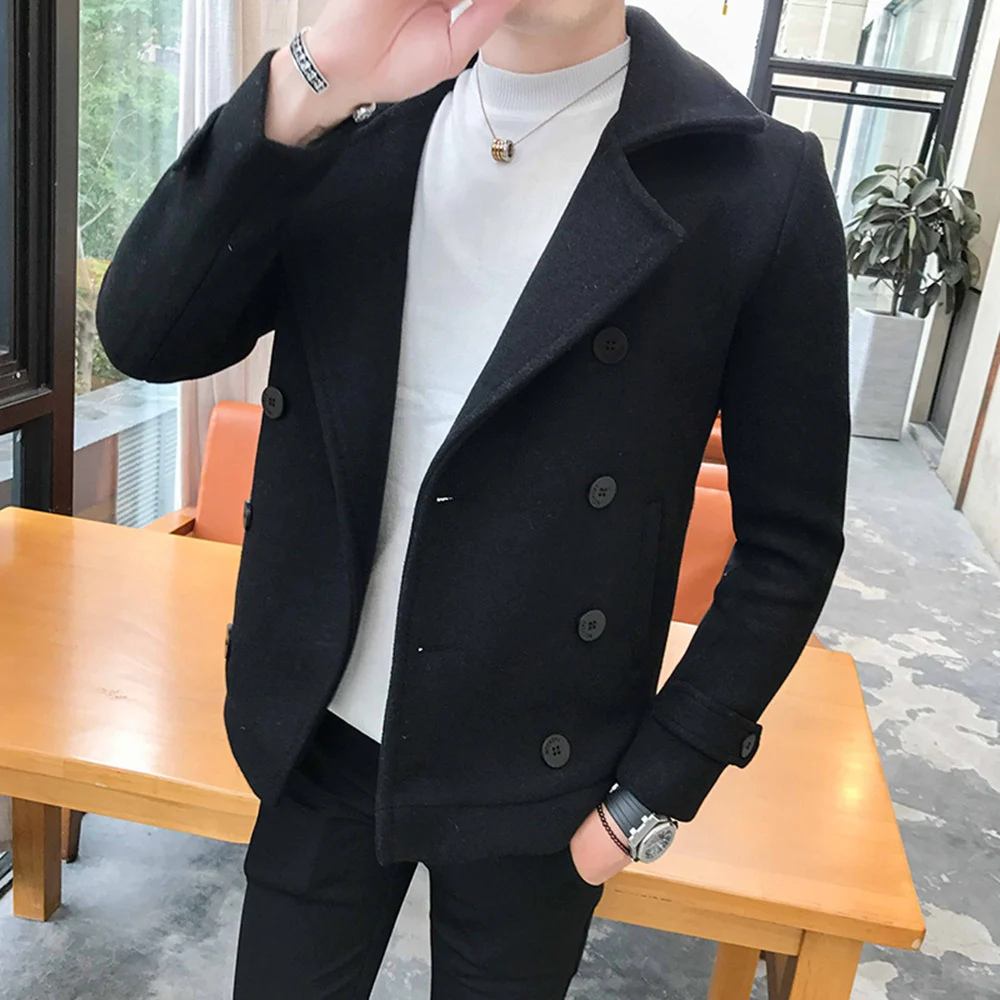 New Autumn Winter Men's short Woolen Coat Double-breasted Design Business Casual Man Warmth Overcoat Windbreaker large size 5XL | Мужская