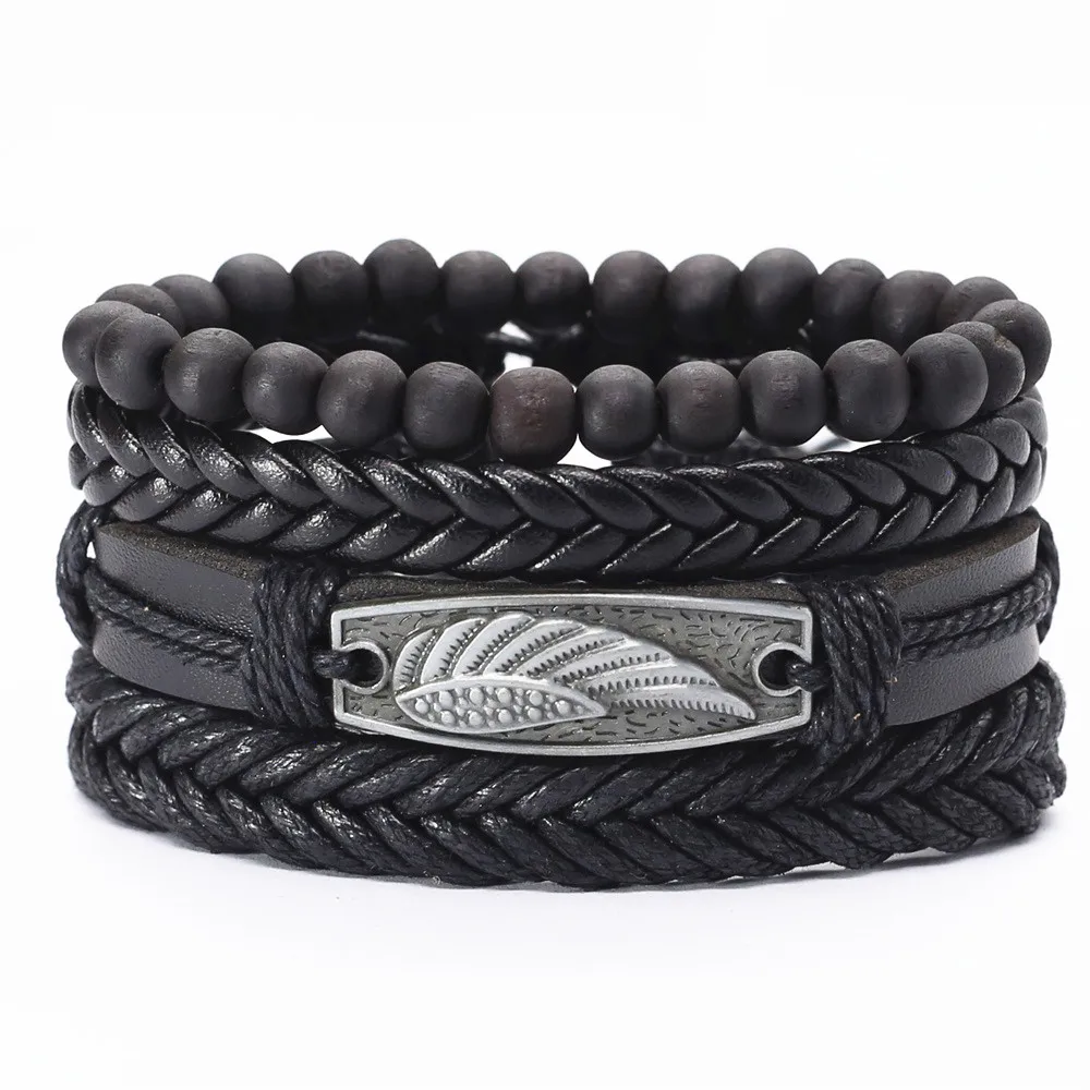 New 4 Pcs/set Guitar Cross Leaf Charm Weave Leather Men Bracelets For Women Homme Femme Male Jewelry free shipping
