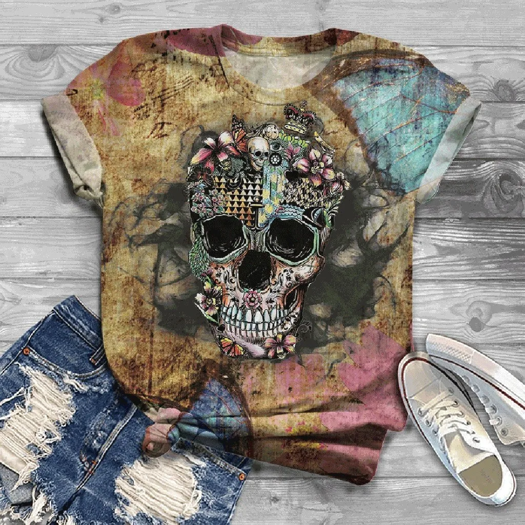 Womens Plus Size Aesthetic T Shirt Short Sleeve 3D Skull Printed O-Neck Tee T-Shirt  summer Tops Camisas Mujer 2020 yellow t shirt