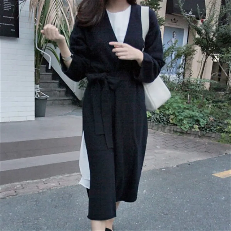 Autumn Winter Women's Cardigan Simple Belt Female New Fashion Long Coat Loose Type Wool Knitted Cardigan Female Outwear