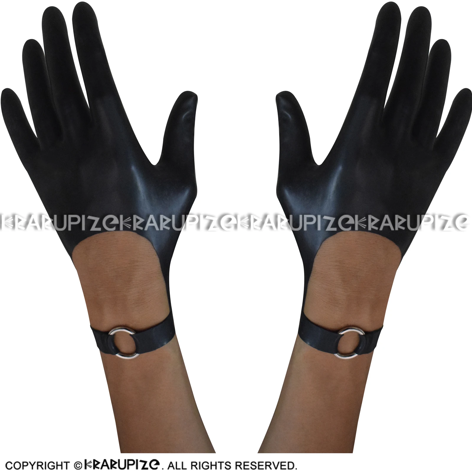 

Black Sexy Short Latex Gloves With Rings Decoration Rubber Mittens ST-0054