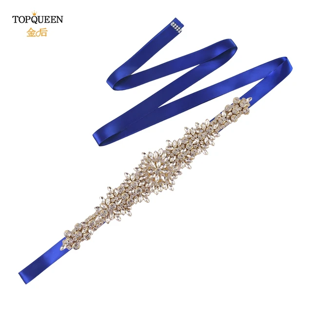 TOPQUEEN S319-G Plus Size Bridal Gowns Belts Golden Belts for Women Rhinestones Belt Girlfriend Luxury Ribbon Belt Wedding Sash Royal Blue ribbon