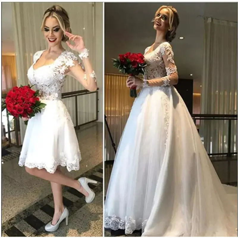 Vestidos De Novia Элегантное свадебное платье с кружевной аппликацией и коротким рукавом Иллюзия сзади с длинным рукавом свадебные платья со съемной юбкой