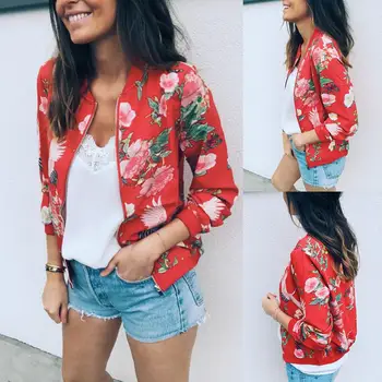 

Print Bomber Jacket Women Flowers Women Fashion Long Sleeve Jacket Zip Up Vintage Floral Coat O Neck Cardigan Jacket Fall 2020