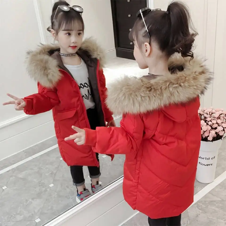 Baby Girls Long Winter Duck Down Jackets Cute Cartoon Hooded Coat Warm Outerwear Red