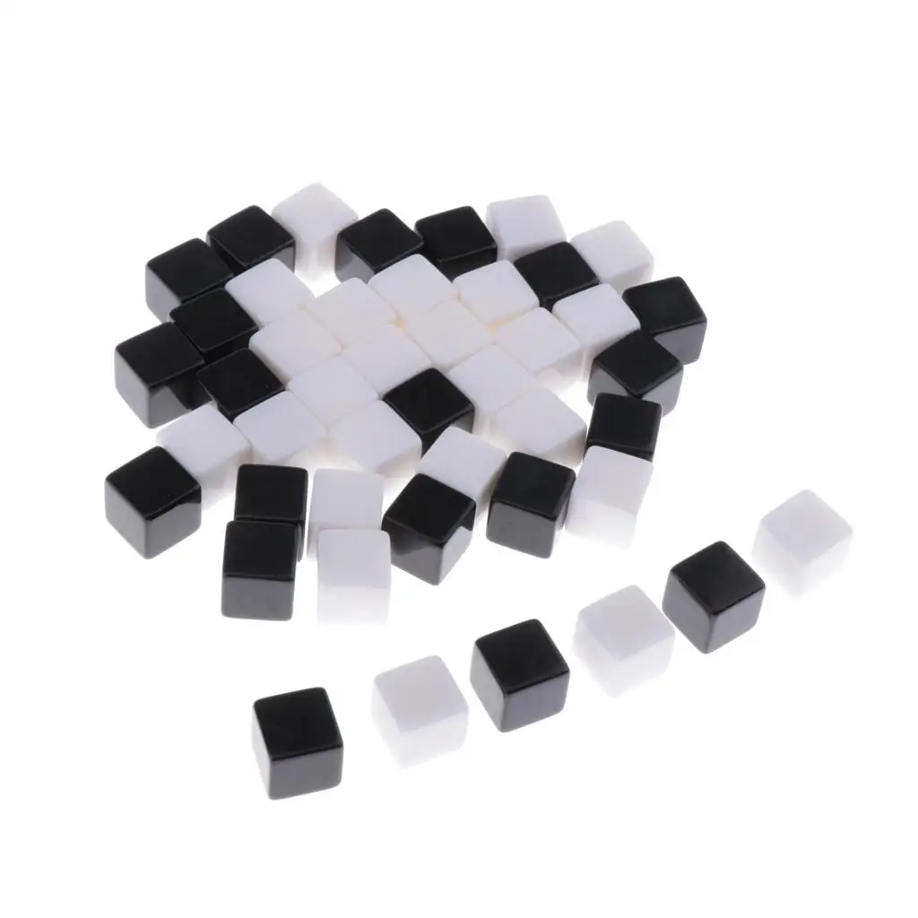 50pcs 16mm Blank 6 Sided Dice for Wargames, Casualty Markers - White Black