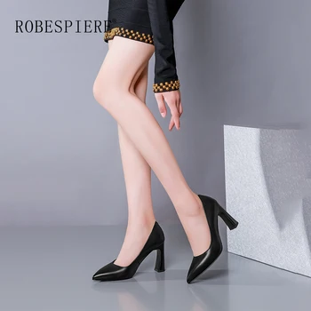 

ROBESPIERE New Strange Heels Shoes Woman Quality Genuine Leather Pointed Toe Pumps Slip On Office Large Size Zapatos Mujer A66