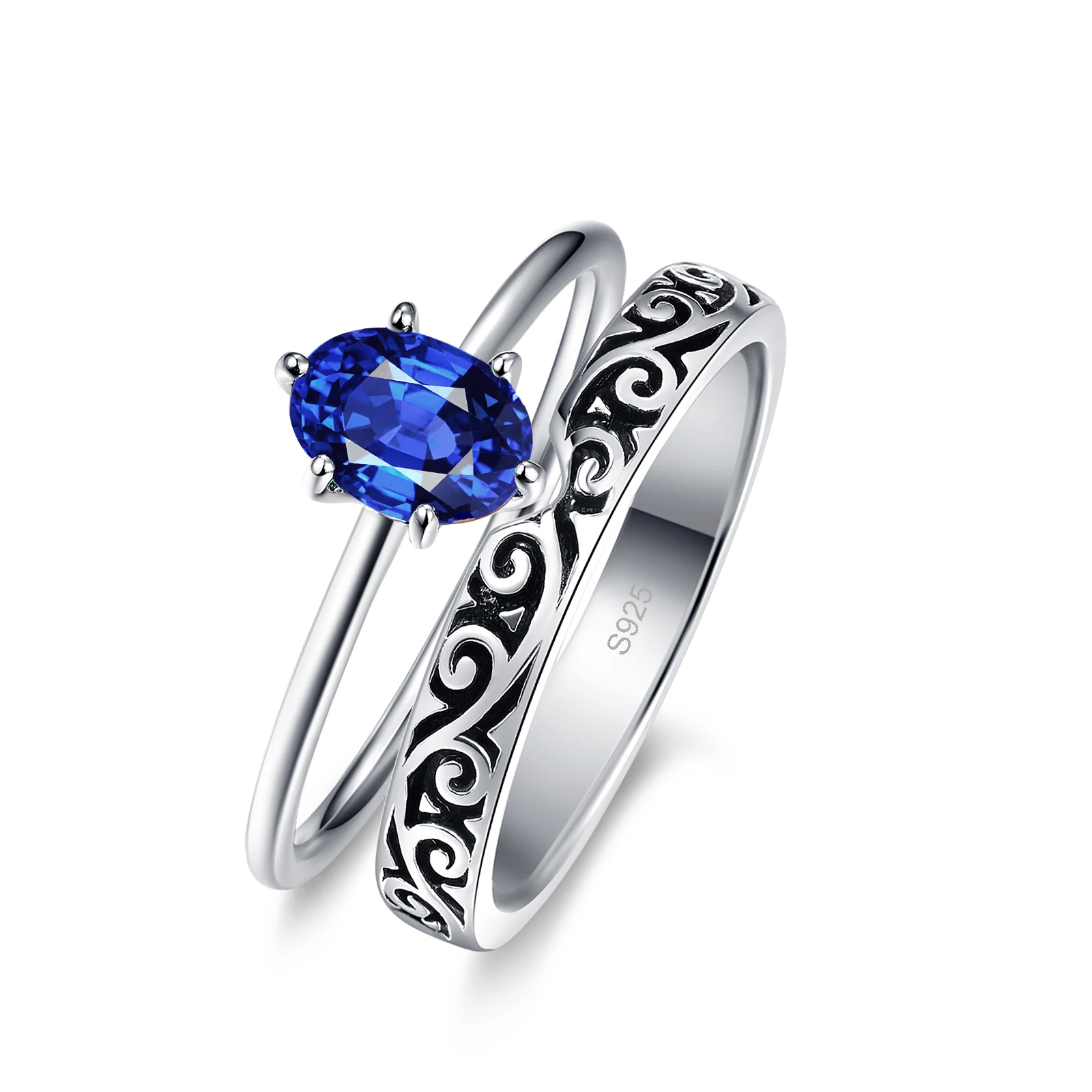

Женское Обручальное кольцо из серебра 925 пробы с голубым овальным кристаллом 1 карат, Винтажное кольцо с цветочной гравировкой