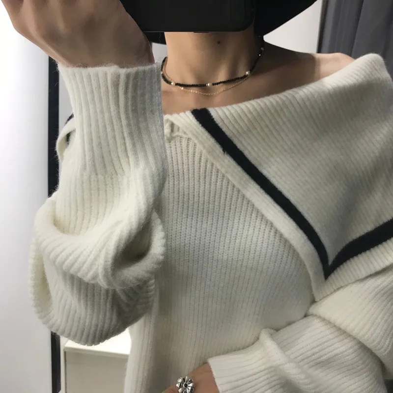 

Net super fire red sweater woman 2019 new winter navy wind lapel can be irregular strapless sweater woman