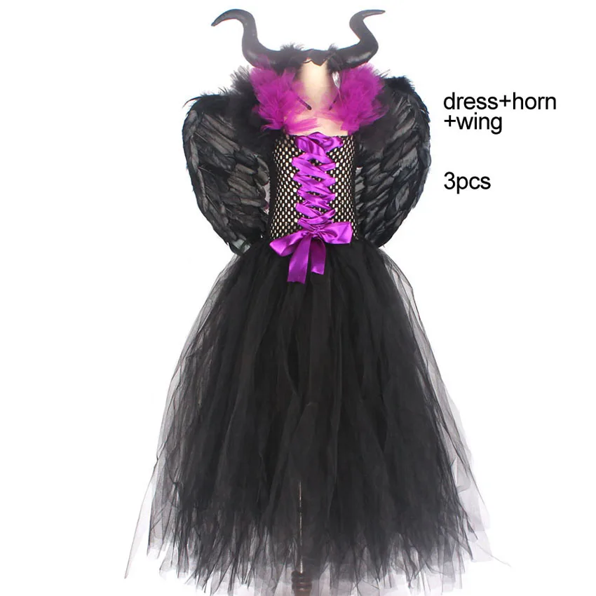 dress wing and horn Maleficent/платье-пачка черного ангела; нарядный костюм на Хэллоуин для девочек; платье; Nina Vestidos Disfraz; одежда Феи; карнавальный халат для малышей - Цвет: dress wing and horn