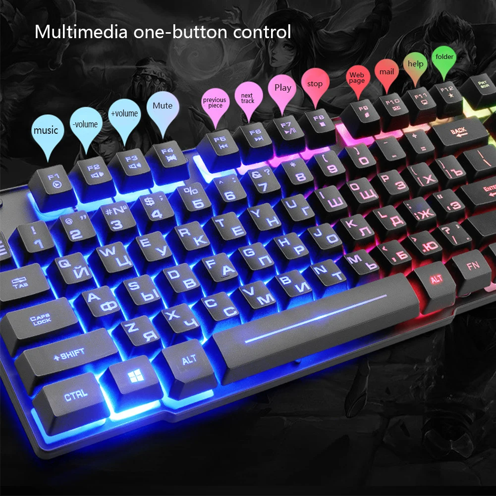 Новая клавиатура T5 с радужной подсветкой Usb эргономичная игровая русская клавиатура и мышь набор для ПК ноутбука с ковриком для мыши