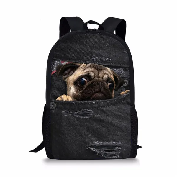 Lovely Puppy Pug School Bag Denim Jeans Cat Schoolbag for Junior Girls 3D Primary Children Bookbag Mochila Escolar