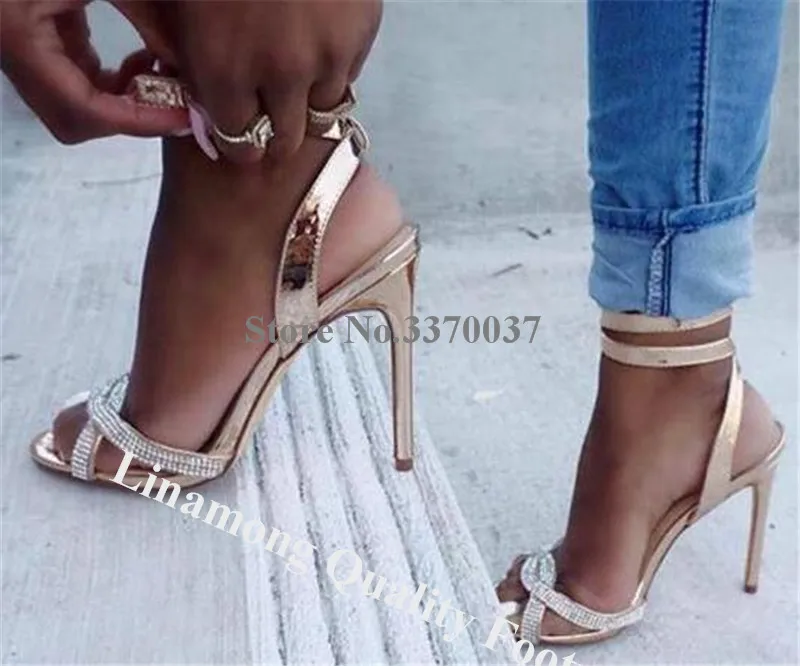 

Linamong Bling Bling Rhinestone Straps Stiletto Heel Sandals Gold Leather Crystal High Heel Sandals Wedding Dress Shoes