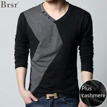 

BRSR New V Neck T Shirts for Men Large Size Winter Casual Streetwear Plus Velvet Thickening Warm Long-Sleeved T-Shirt LSJR8820TX