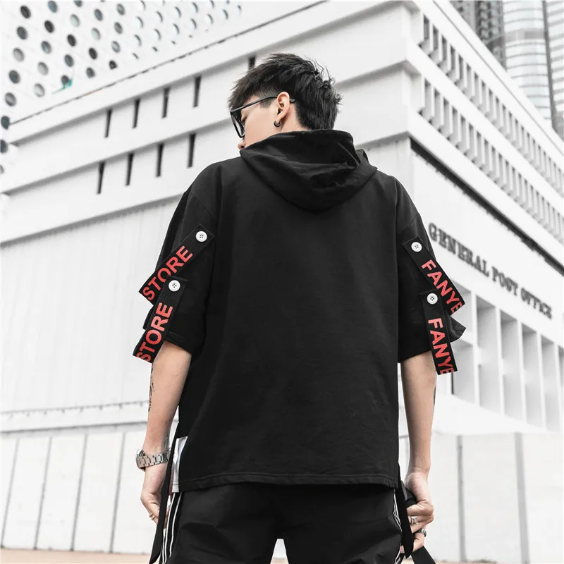 2020 Summer Short Sleeves Harajuku Korea Fashion Streetwear One Piece Hip Hop Rock Punk Men Black Red Hoodies Sweatshirt Clothes