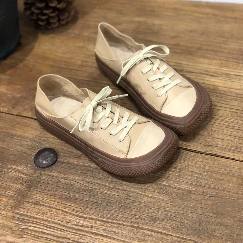

Genuine Leather Retro Handmade Lace-up Shoes Comfortable Casual Cowhide Women's Single Shoes Womens Sneakers Chunky Shoes