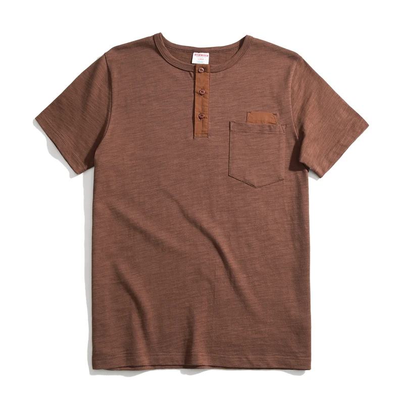 SauceZhan двухцветная футболка с двойным карманом Henry, Мужская футболка с коротким рукавом и контрастным воротником, Мужская футболка с коротким рукавом, футболки - Цвет: Red-brown