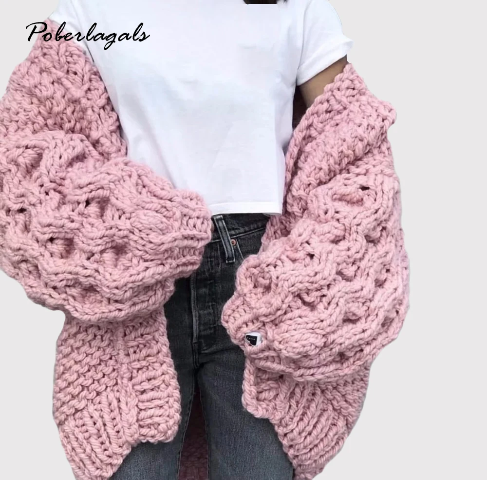 

Winter Pink Gray Long Lantern Sleeve Ball Sweater Chic Knitted Loose Cardigan Solid Color Open Stitch Lady Outerwear cardigans