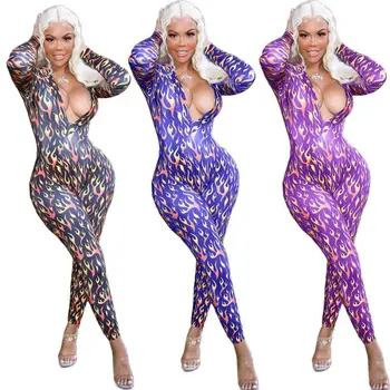 

ZOOEFFBB Fire Print Sexy Jumpsuit Rave festival Bodycon Rompers Streetwear One Piece Outfit Long Sleeve Body Overalls for Women