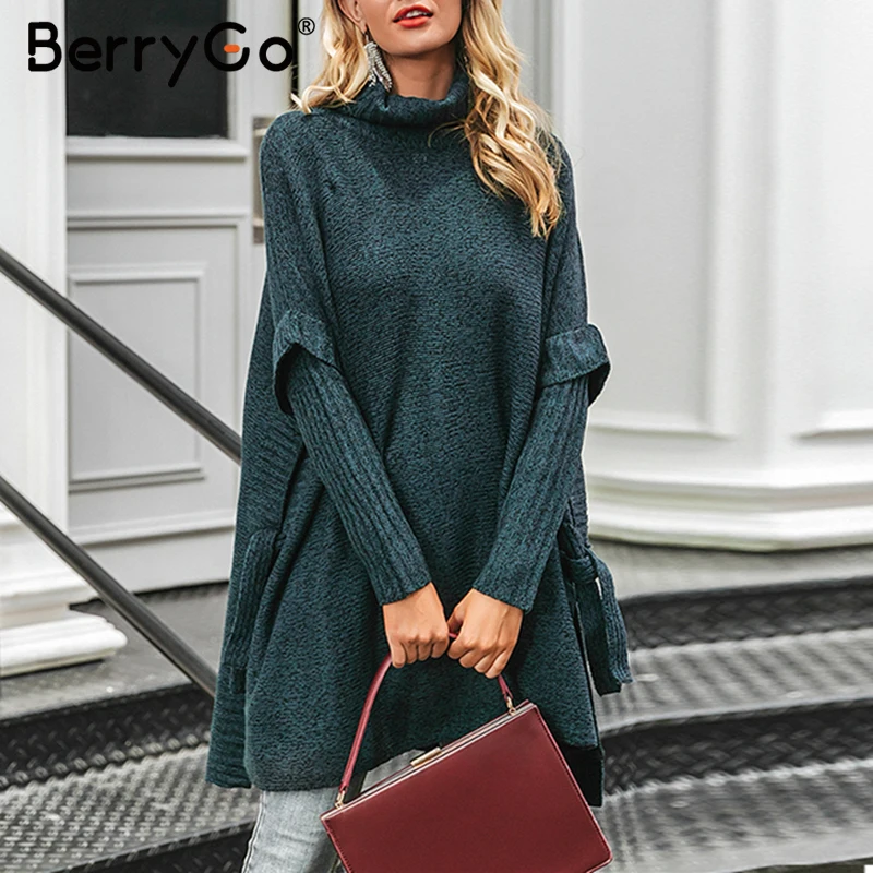 BerryGo Turtleneck autumn winter sweater women Long sleeve solid ladies poncho Casual bat female pullover | Женская одежда
