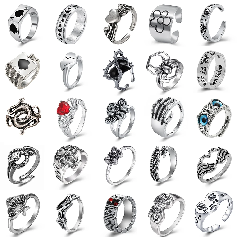 Vintage Ancient Silver Color Punk Hip Hop Adjustable Ring For Women Girls Snake Butterfly Fashion Men Jewelry Boho Frog | Украшения и