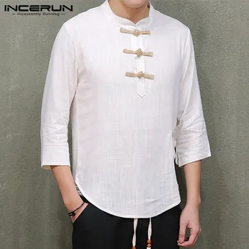 

Vintage Casual Men Shirt Solid 3/4 Sleeve Chinese Style Button Stand Collar Retro Camisa Cotton Brand Shirts Men INCERUN 2019
