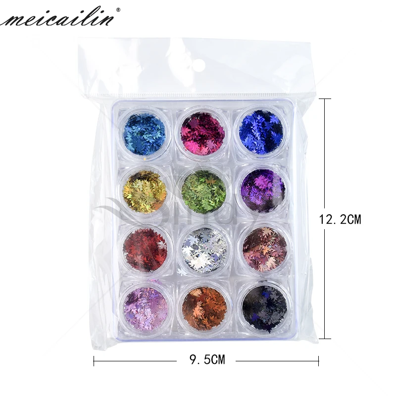 12 colors per set 12 банок/Набор для дизайна ногтей блестки чешуйчатая голографическая смешанный цвет форма кленового листа 3D блестка ломтик сверкающий маникюр декор - Цвет: 12 colors per set