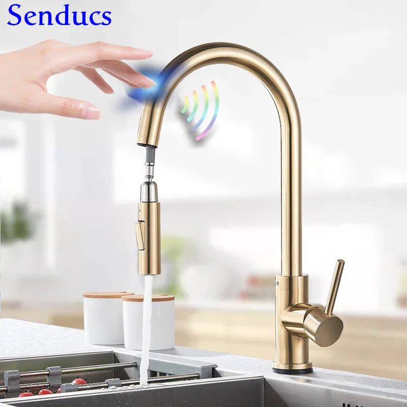 Сенсорный кухонный кран Senducs Pull Down латунный для раковины трогательный золотой