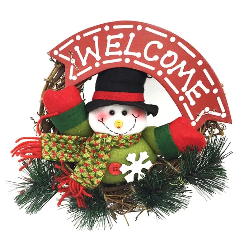 

Christmas Wreath Garland Door Wall Hanging Ornament Decoration Rattan with Elk Snowman Santa Claus Doll Toy for Home Window Hall