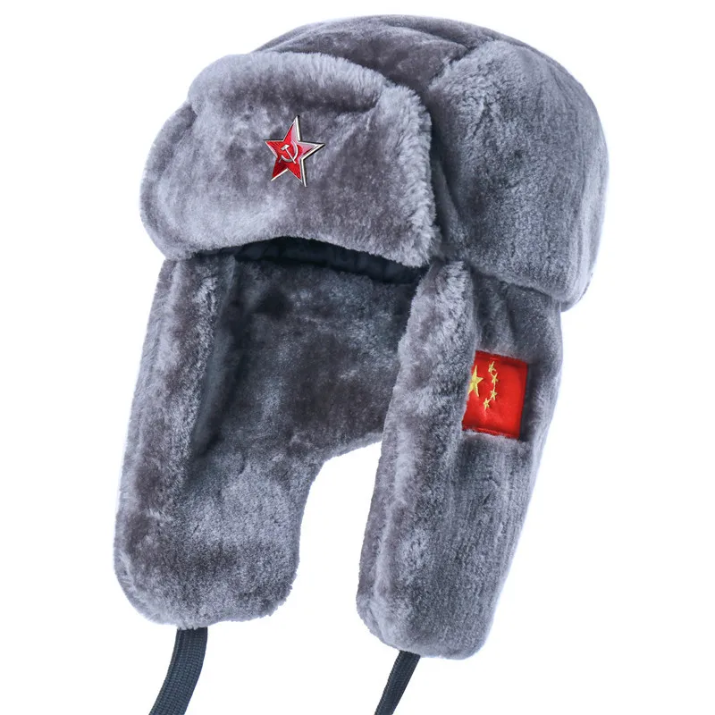 Soviet Union Badge Pilot Warm Hat Artificial Rabbit Fur Outdoor Earmuffs Hat Full Fur Cold-Proof Lumberjack Wind-Proof Cap best men's bomber hats Bomber Hats