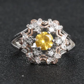 

Exquisite Cut Flower Round Yellow Crystal Ring Pop Edge White Diamond Ring Noble Elegant Ladies Jewelry Factory Wholesale