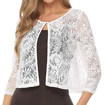 

Plus Size Women Tunic Shirt Women Solid Lace Sheer Open Front Tops Cropped Three Quarter Cardigan Blouse blusas mujer de moda