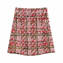 Осень новая женская одежда ретро-винтажный смешанный чекер Небольшой аромат Шерсть Смешанный гвоздь бисером Модная трикотажная Мини-юбка