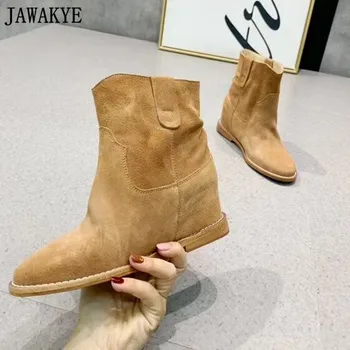 

Genuine leather wedge heel Ankle Boots For Women height Increasing Camel kidsuede Chelsea Boots Winter shoes