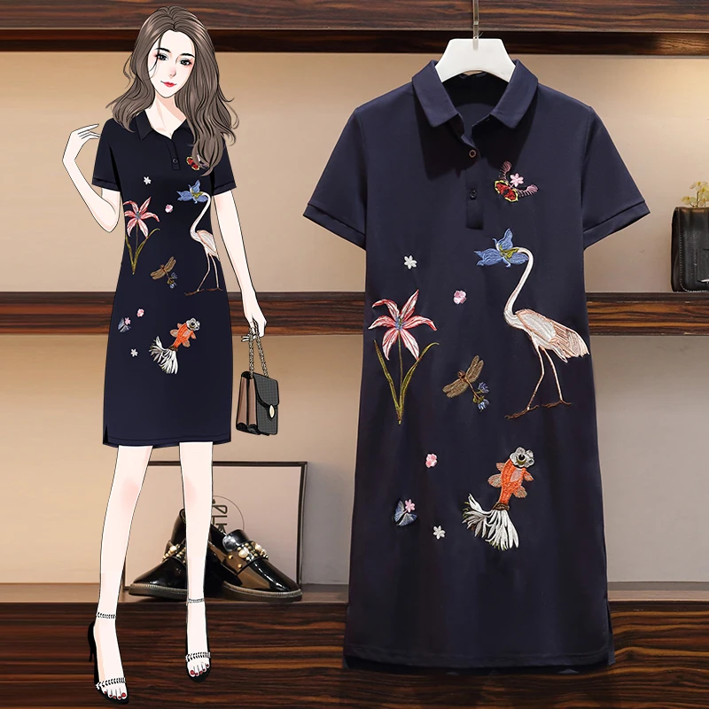 

2020 Summer Polo Dress Women embroidery floral graphic elegant Midi Dresses Plus Size L-4XL Long Tshirt dress Female Clothes