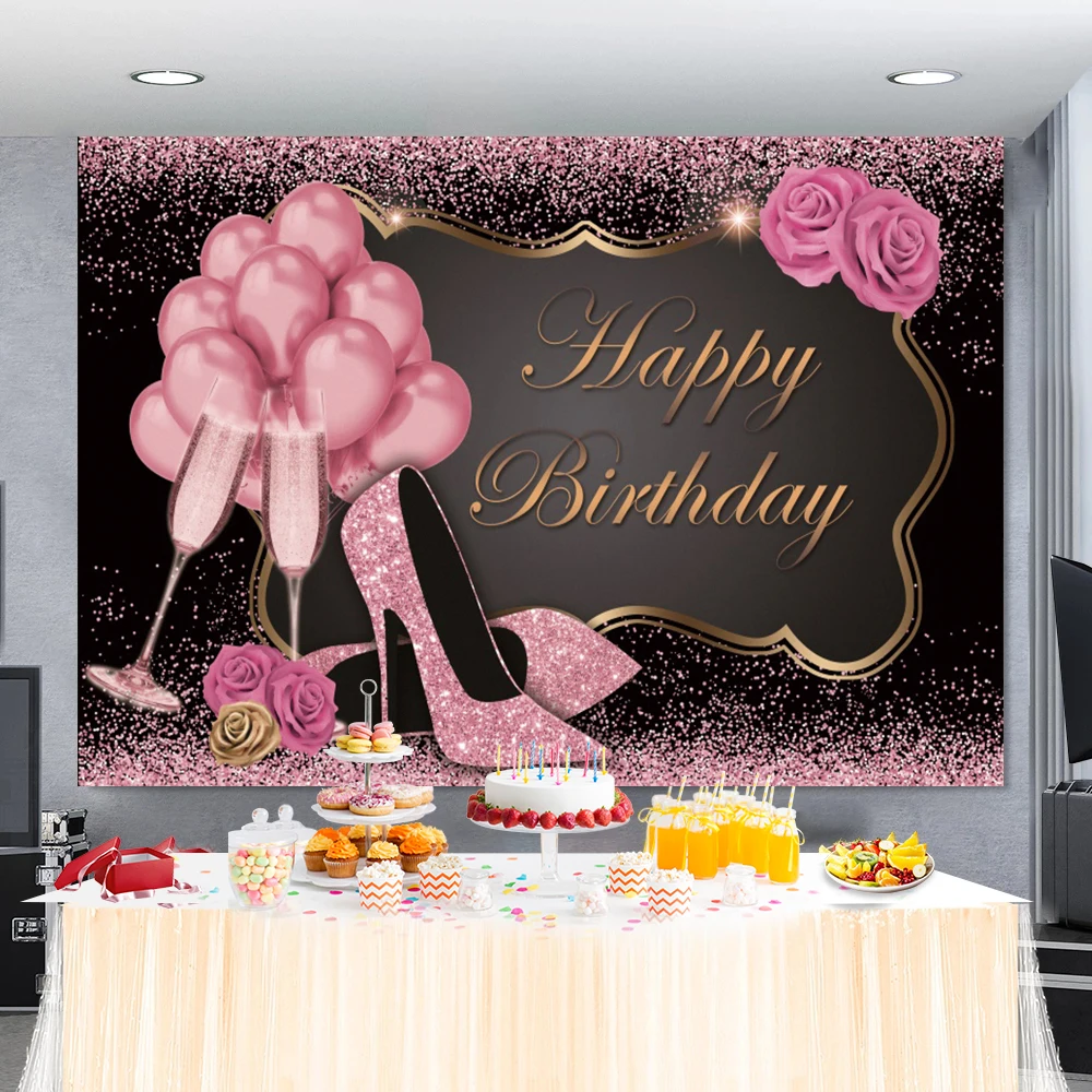 Photo Backdrop Fabulous Women 18 30 40 50th Birthday Party Balloon High Heel Rose Champagne Photography Background photo backdrop