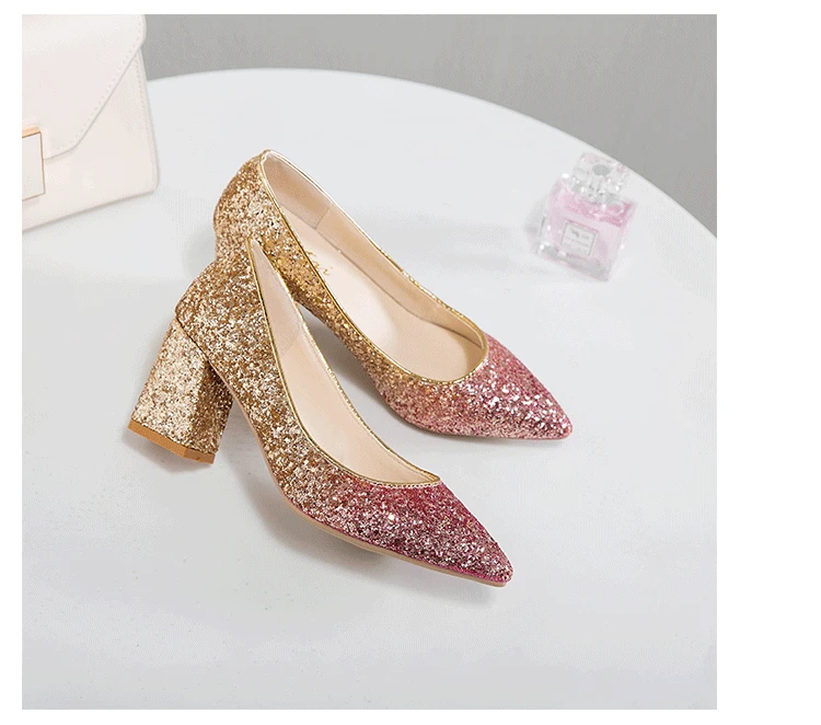 Temperament Elegant Wedding Shoes Pointed Shallow Mouth Thick With Single Shoes Sequins High Heels Party Dress Bridesmaid Shoes